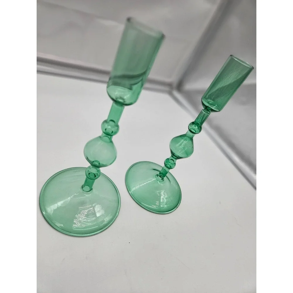 Vintage Style Green Glass Taper Candle Holders Set of 2 Turned Stem 7.5 Inch